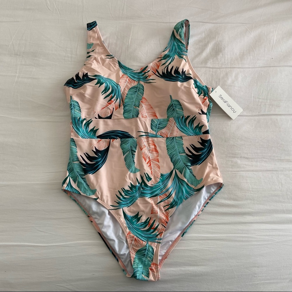 Peach Waistband Feather Print One-Piece Swimsuit - SeaFancy